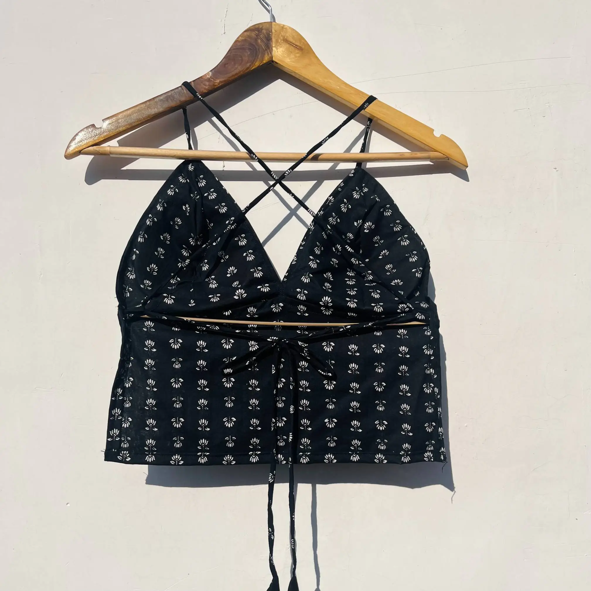 Black Lotus Back Knot Cotton Top