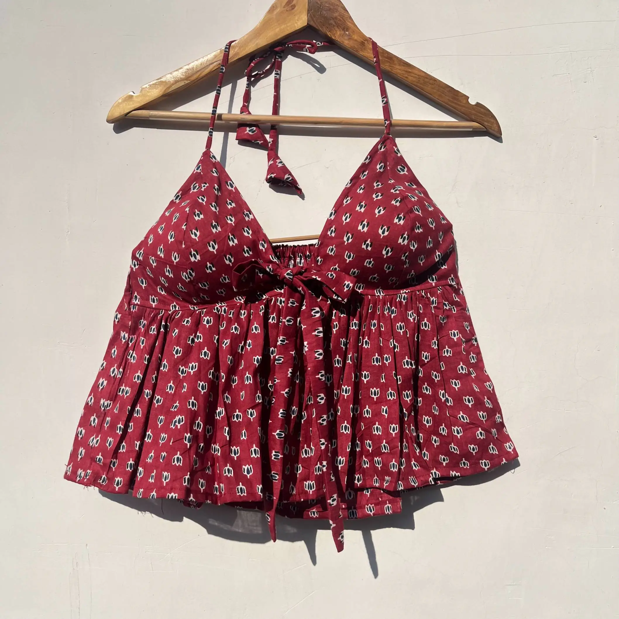 Maroon Butti Halterneck Cotton Top
