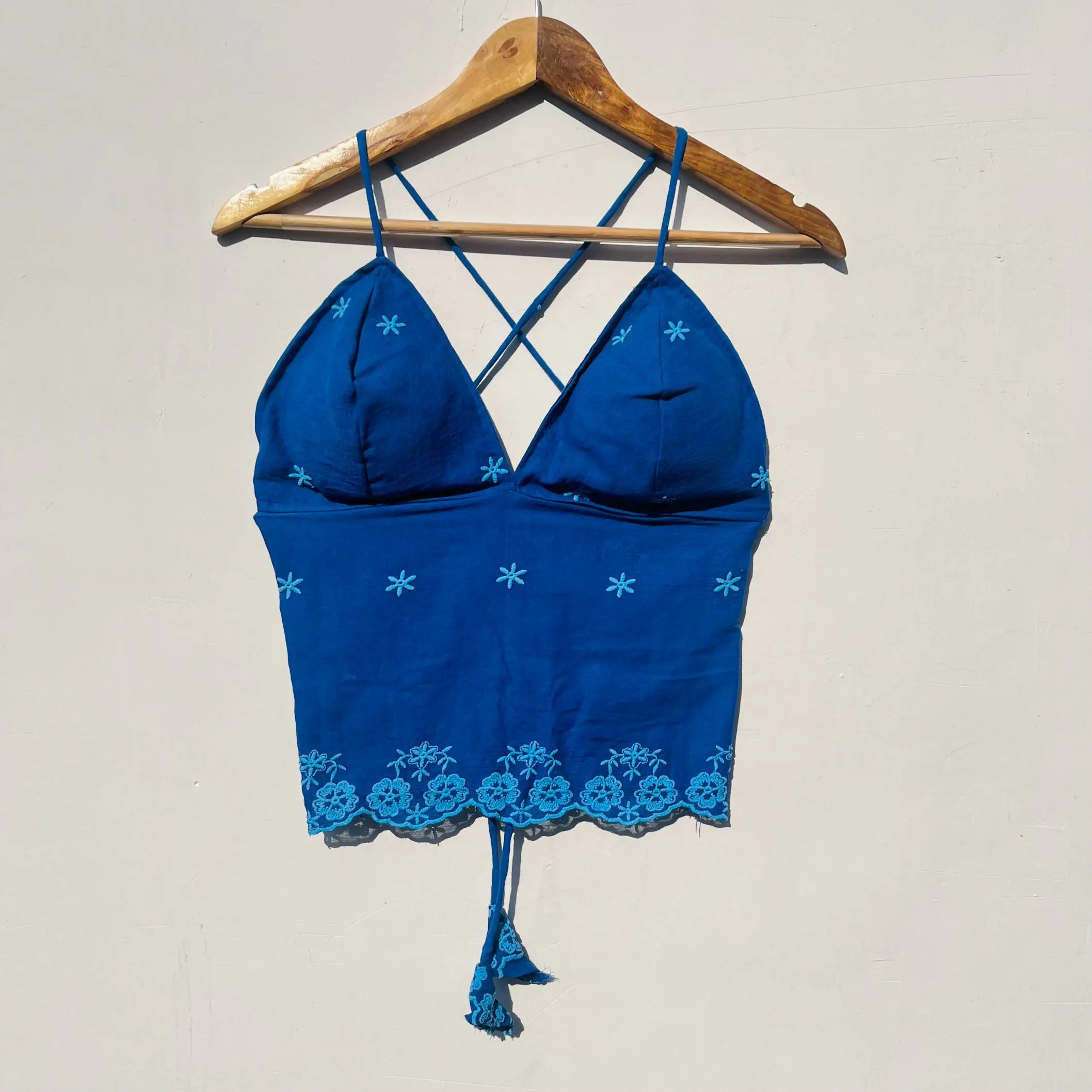 Royal Blue Embroidery Back Criss Cross Cotton Top