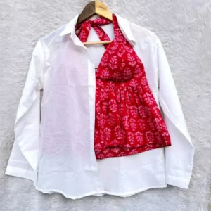 Combo of cherry red Halterneack Cotton Top and White Shirt