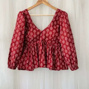 Maroon V-Neck Full Sleeves Cotton Top