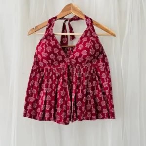 Maroon Butti Designer Halterneck Cotton Top