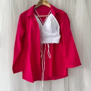 Combo of Pink Cotton Shirt and White Hakoba Bralette