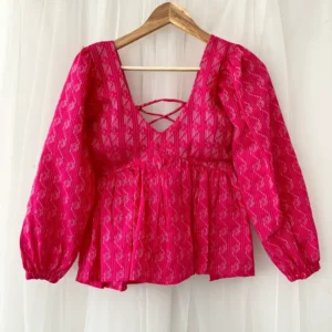 Pink Back Criss Cross Full Sleeves Cotton Top