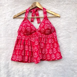Red Butti Designer Halterneck Cotton Top