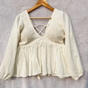 White Back Criss Cross Full Sleeves Cotton Top