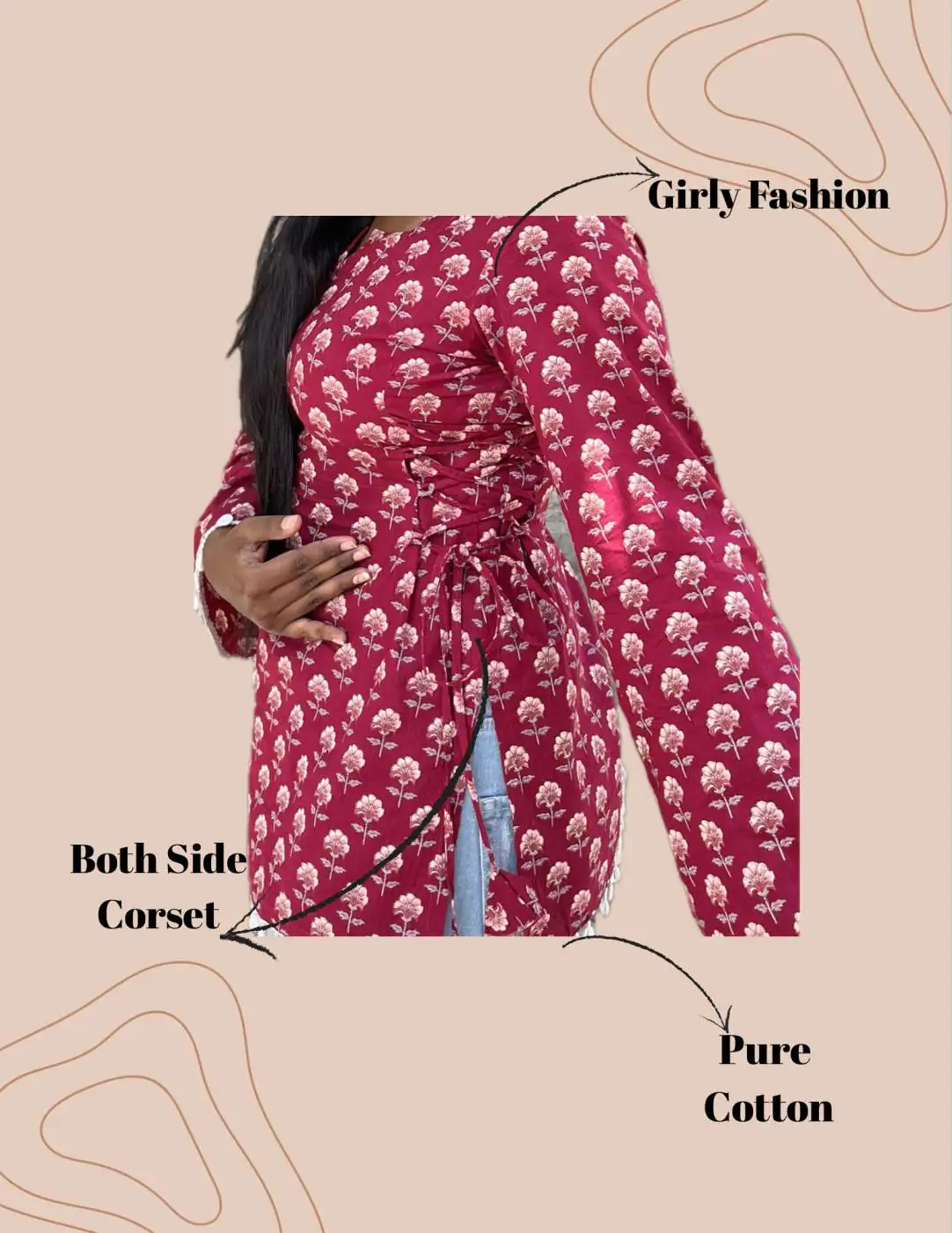 Shanaya - Butti Full Sleeves Side Corset Cotton Kurti