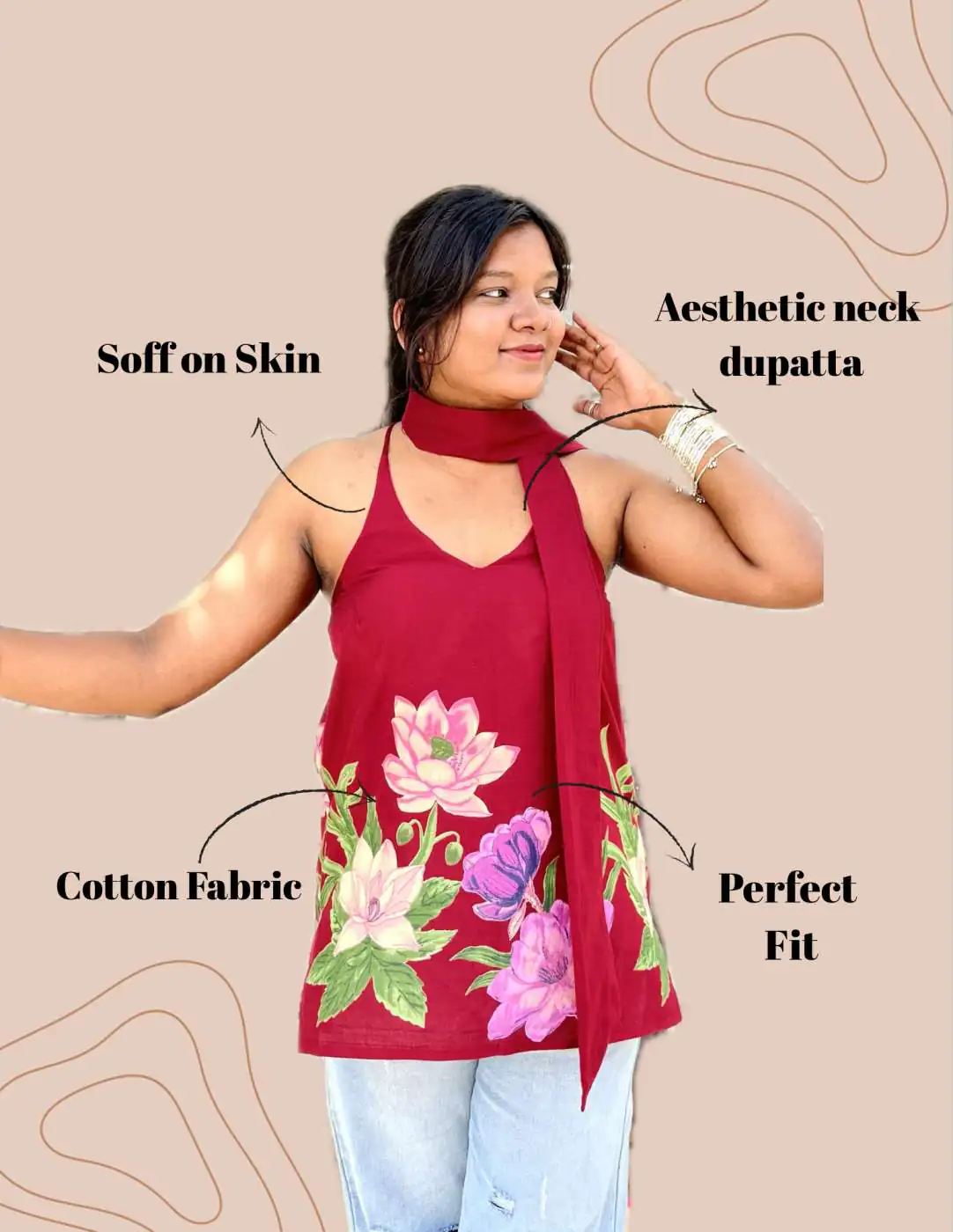 Kaira - Red Halterneck Back Criss Cross Cotton Kurti with Neck Dupatta
