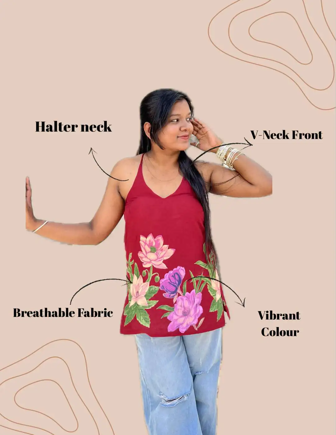 Kaira - Red Halterneck Back Criss Cross Cotton Kurti with Neck Dupatta