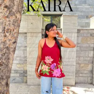 Kaira - Red Halterneck Back Criss Cross Cotton Kurti with Neck Dupatta