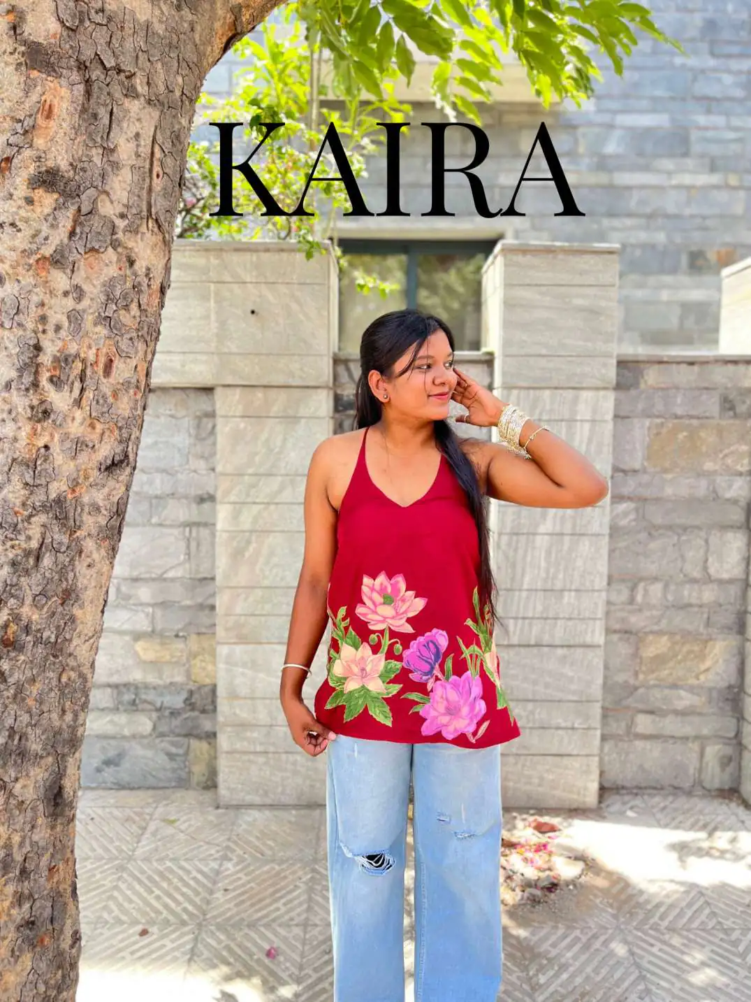 Kaira - Red Halterneck Back Criss Cross Cotton Kurti with Neck Dupatta