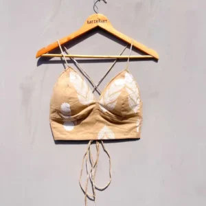 Beige Leaf Back Tie Cotton Bralette