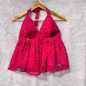 Pink Bandhej Designer Halterneck Cotton Top