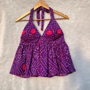 Purple Bandhej Designer Halterneck Cotton Top