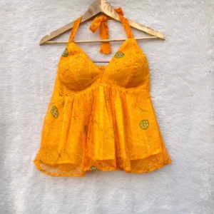 Yellow Bandhej Designer Halterneck Cotton Top