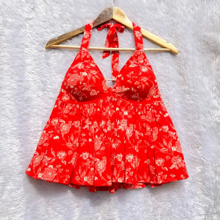 Red Floral Halterneck Cotton Top
