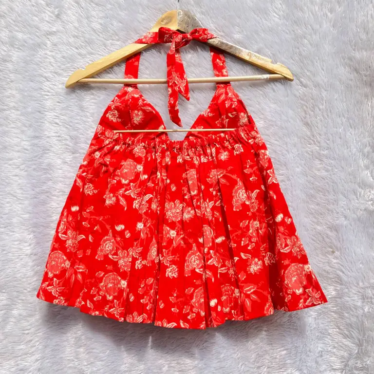 Red Floral Halterneck Cotton Top