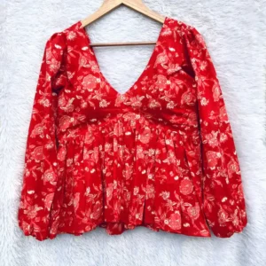 Red Floral Print Full Sleeves Cotton Top
