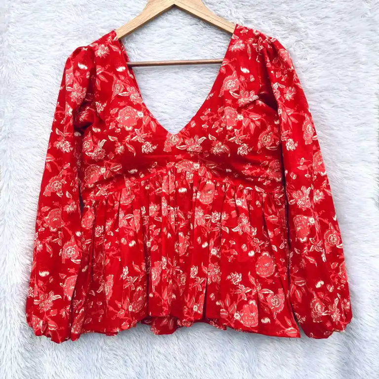 Red Floral Print Full Sleeves Cotton Top