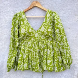 Green Floral Full Sleeves Cotton Top