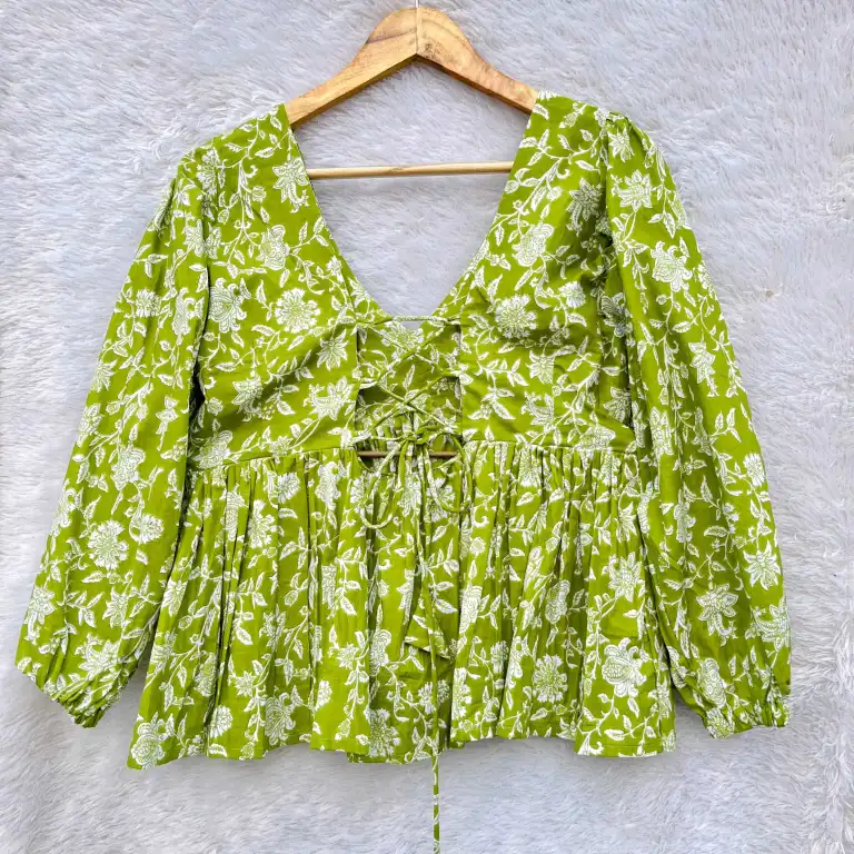Green Floral Full Sleeves Cotton Top